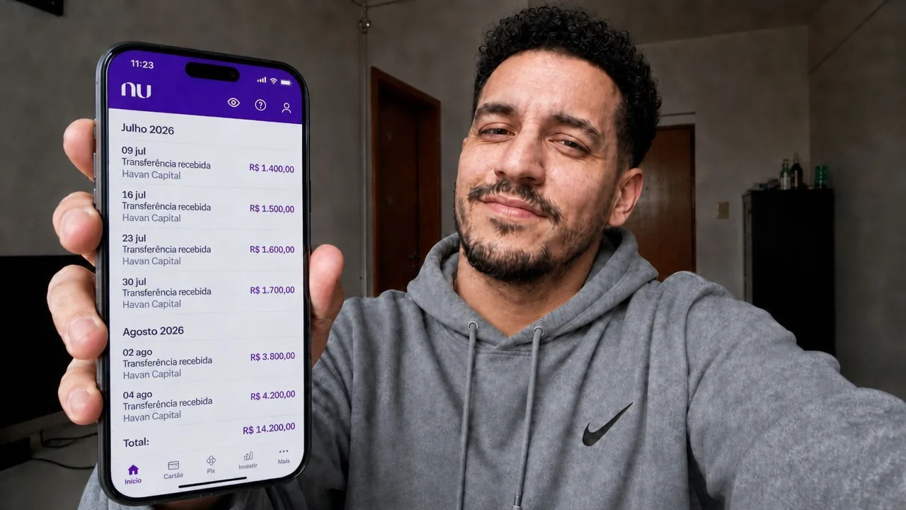 Lucas Mendes segura o celular com o aplicativo do Nubank aberto, mostrando a lista de transferências recebidas da Silber Markt GPT
: R$ 1.400 em 9 de julho, R$ 1.500 em 16 de julho, R$ 1.600 em 23 de julho, R$ 1.700 em 30 de julho, R$ 3.800 em 2 de agosto, R$ 4.200 em 4 de agosto. Total: R$ 14.200,00.